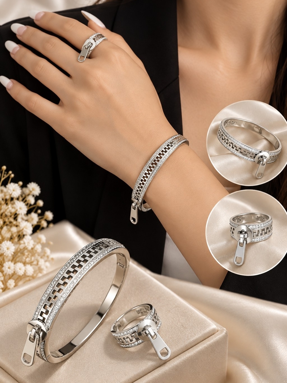 Silver Zipper Accent Bracelet & Ring Set - Modern Women Jewelry